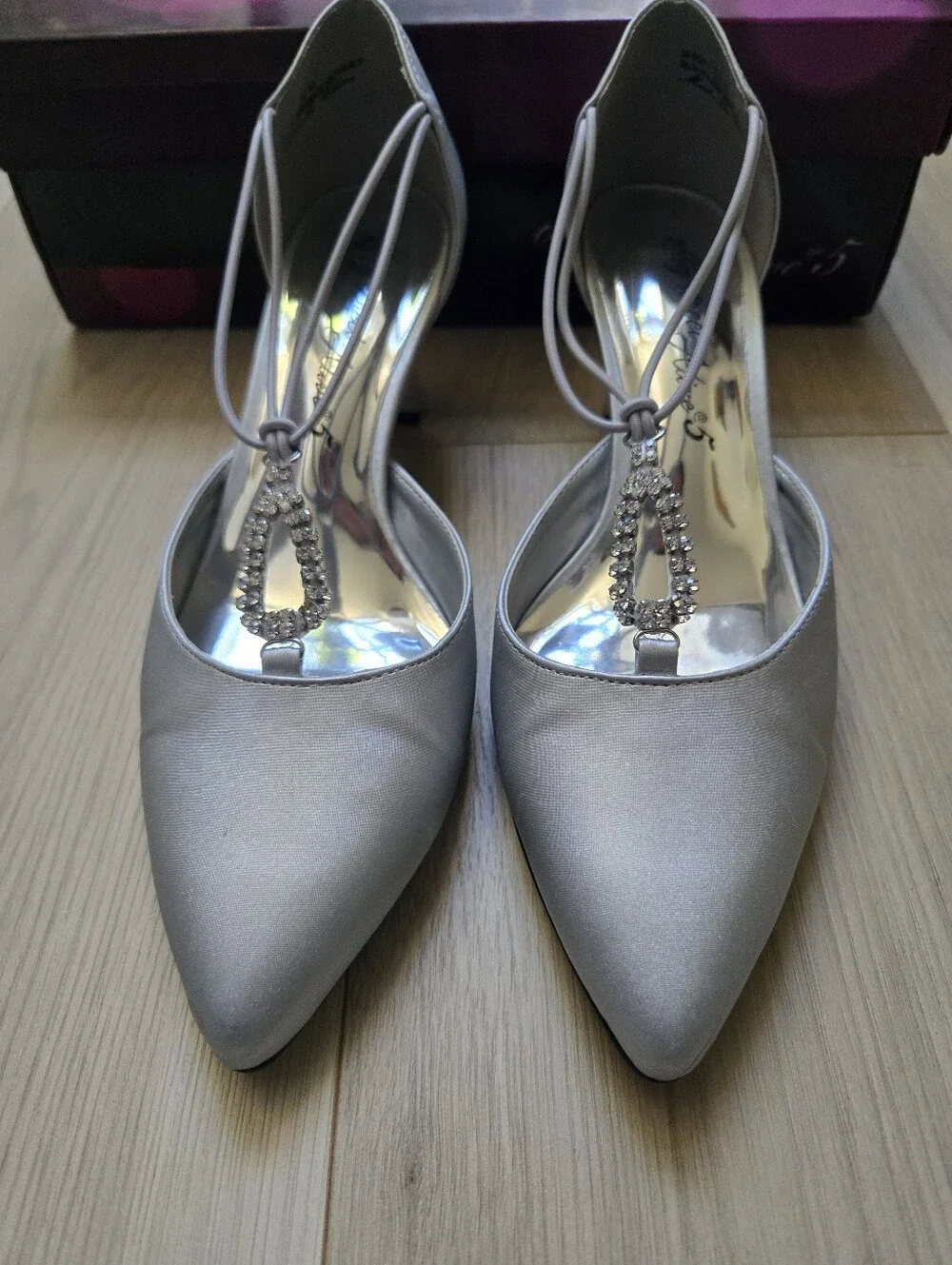 Easy Street Moonlight Silver T-Strap Pumps with Crystal Accent